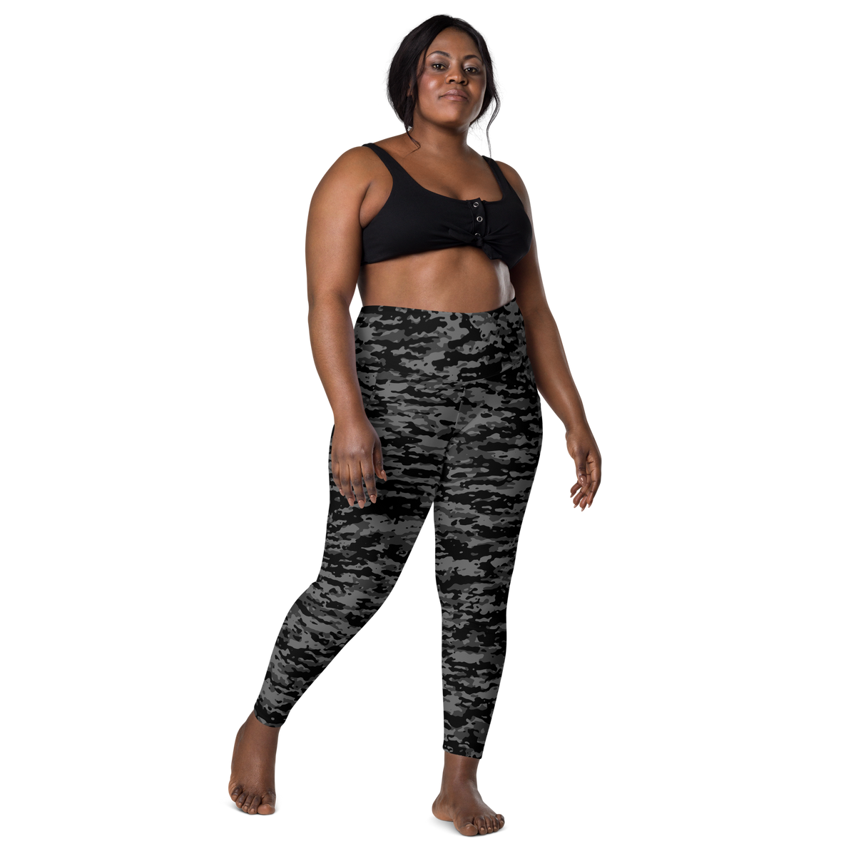 Inka Greyscale camouflage high-waisted pocket leggings, larger-model front view.