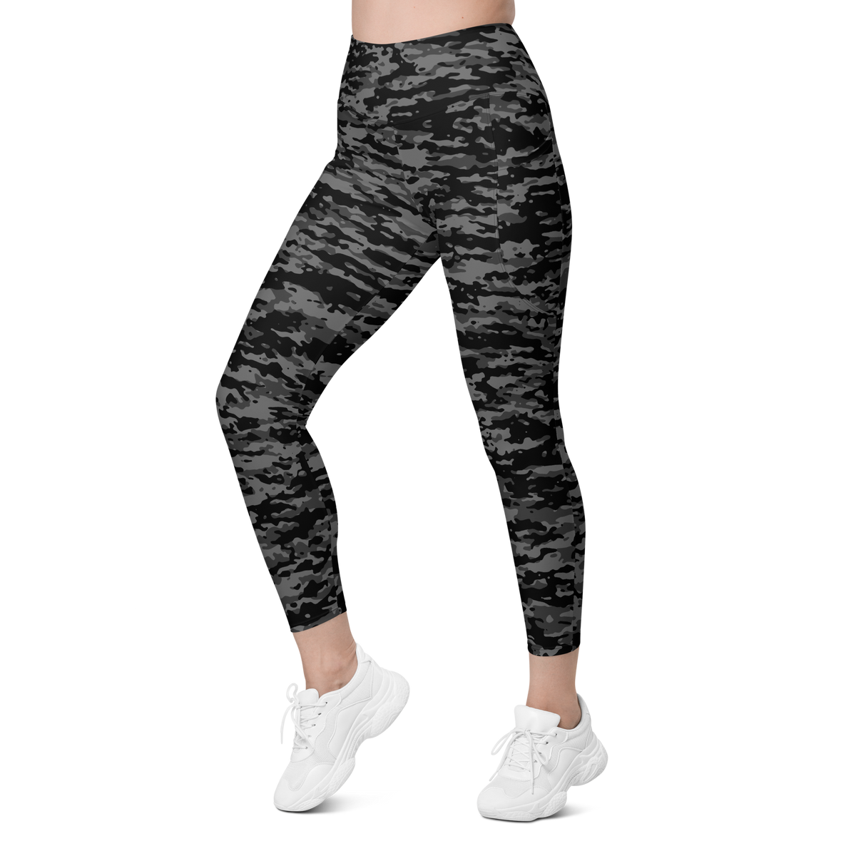 Inka Greyscale camouflage high-waisted pocket leggings, left-front view.