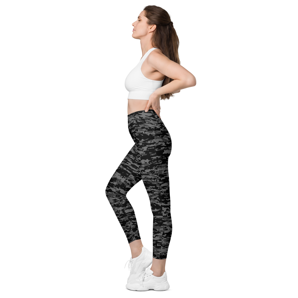 Inka Greyscale camouflage high-waisted pocket leggings, pocket-in-use view.