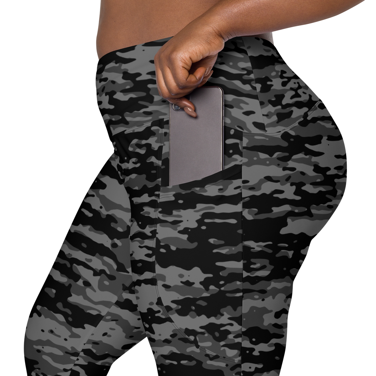 Inka Greyscale camouflage high-waisted pocket leggings, rear pocket detail.