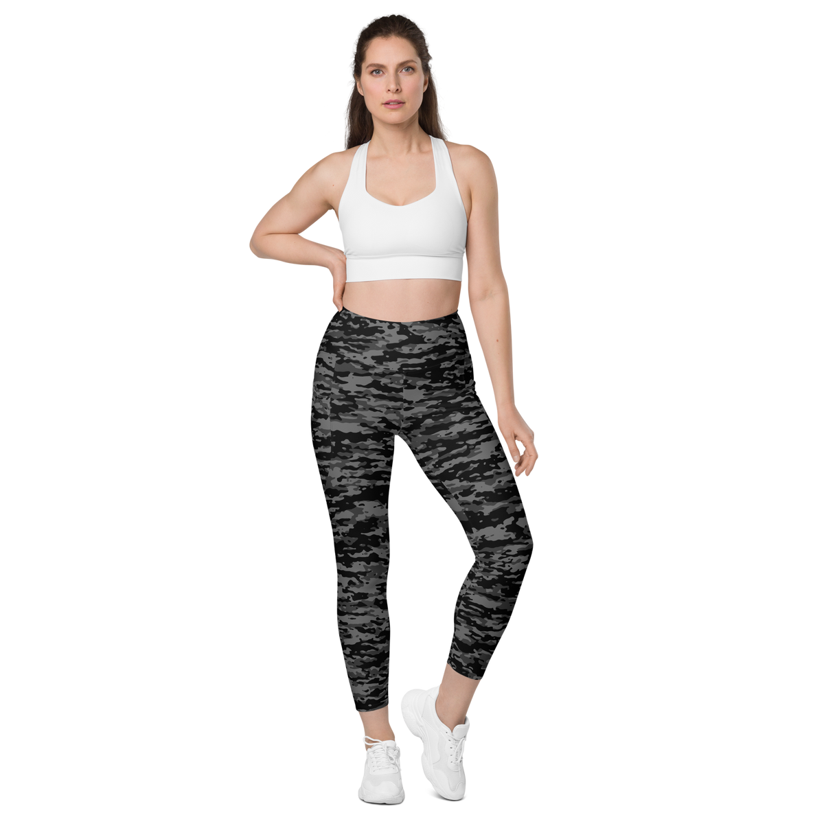 Inka Greyscale camouflage high-waisted pocket leggings, straight-front view.