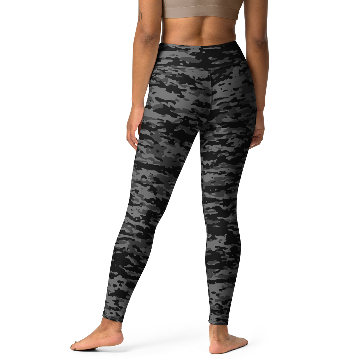 Inka Greyscale camouflage high-waisted yoga leggings, back view.