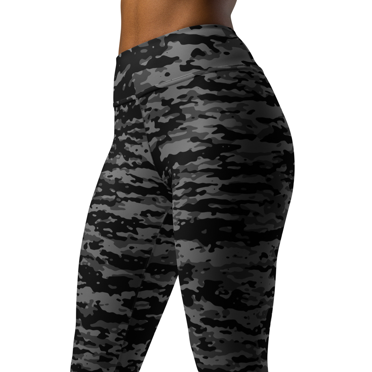 Inka Greyscale camouflage high-waisted yoga leggings, close pattern view.
