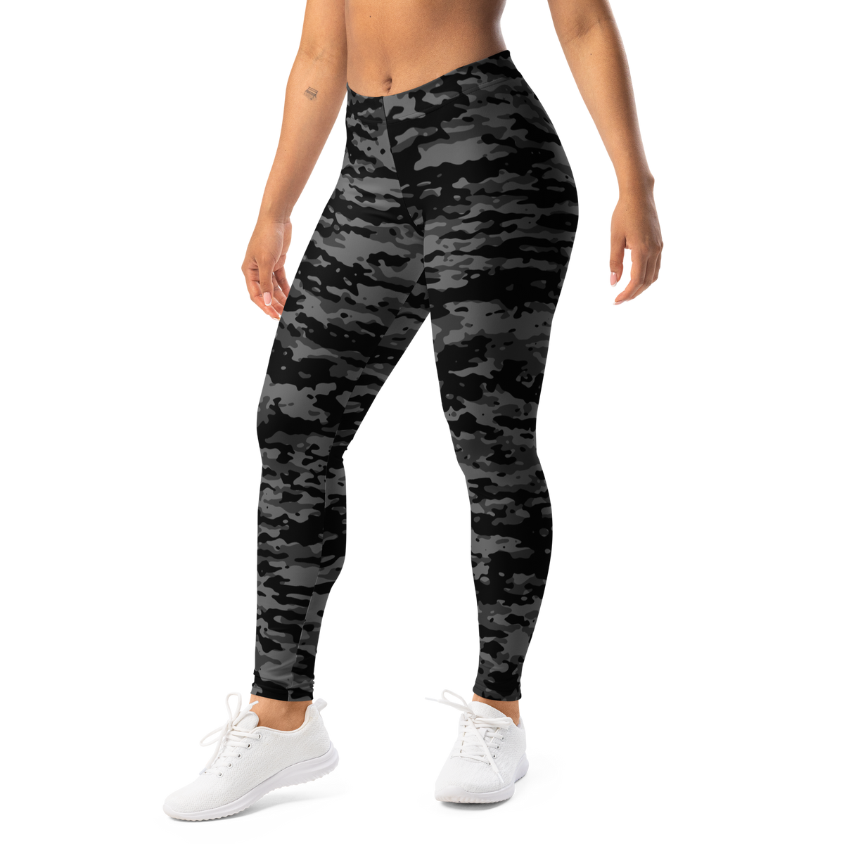 Inka Greyscale camouflage mid-rise comfort leggings, left-front view.