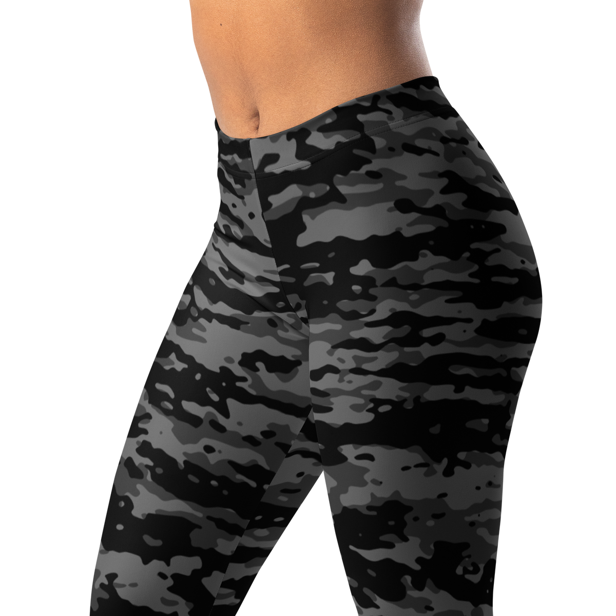 Inka Greyscale camouflage mid-rise comfort leggings, waistband and pattern detail.