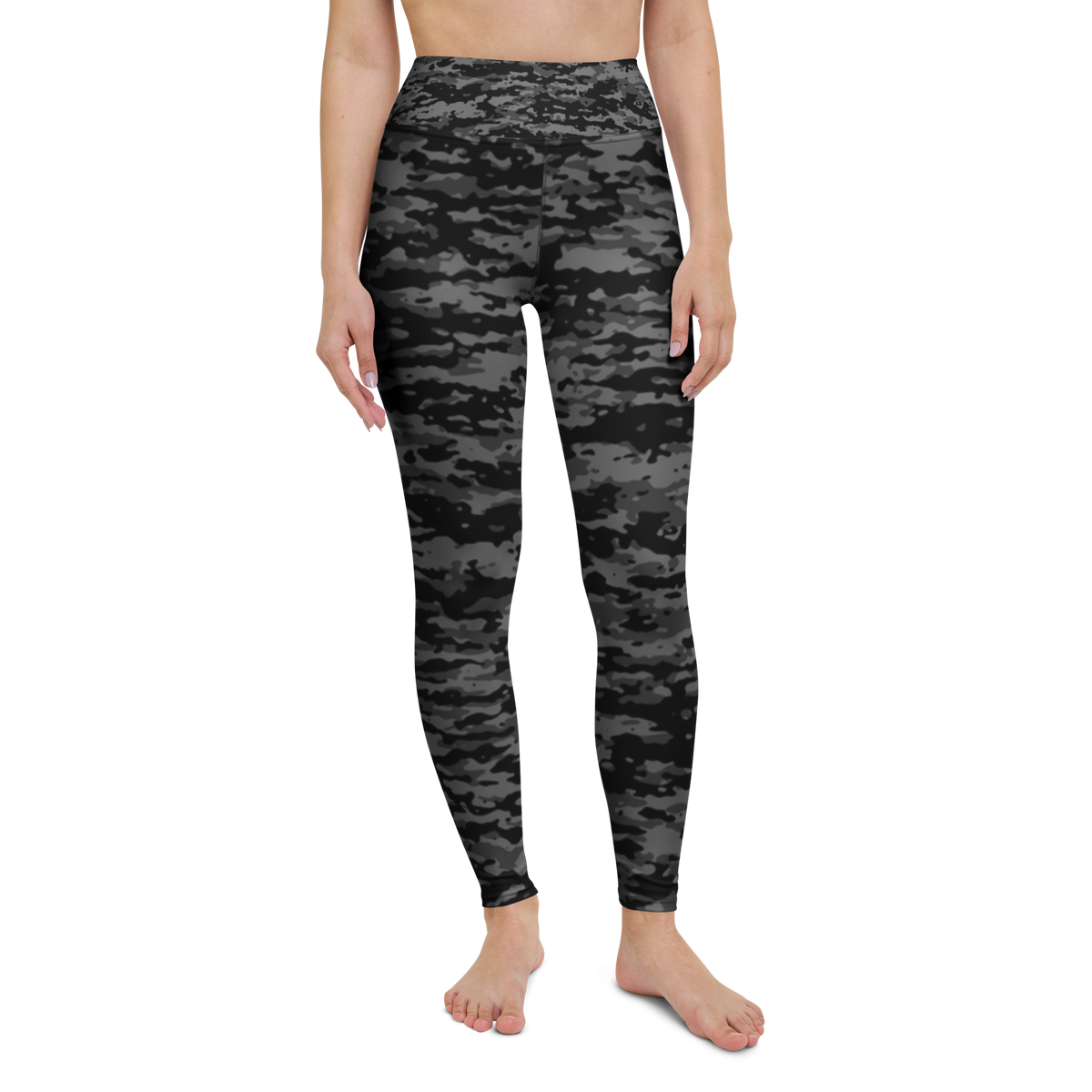 Inka · Greyscale high-waisted yoga leggings, straight front view, barefoot.