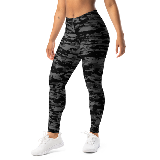 Inka · Greyscale mid-rise everyday leggings, left-front view.