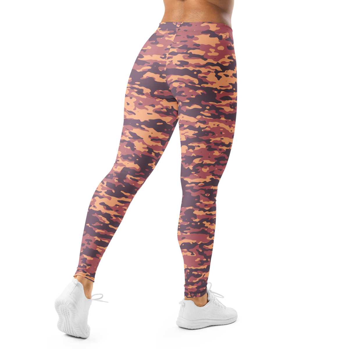 Inka Libations camouflage mid-rise comfort leggings, back view.