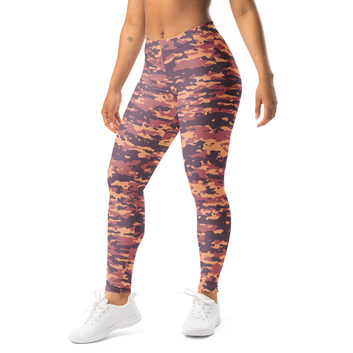 Inka Libations camouflage mid-rise comfort leggings, left-front view.