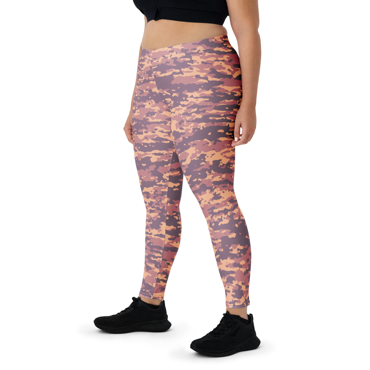 Inka Libations camouflage mid-rise comfort leggings, oversize-fit front view.