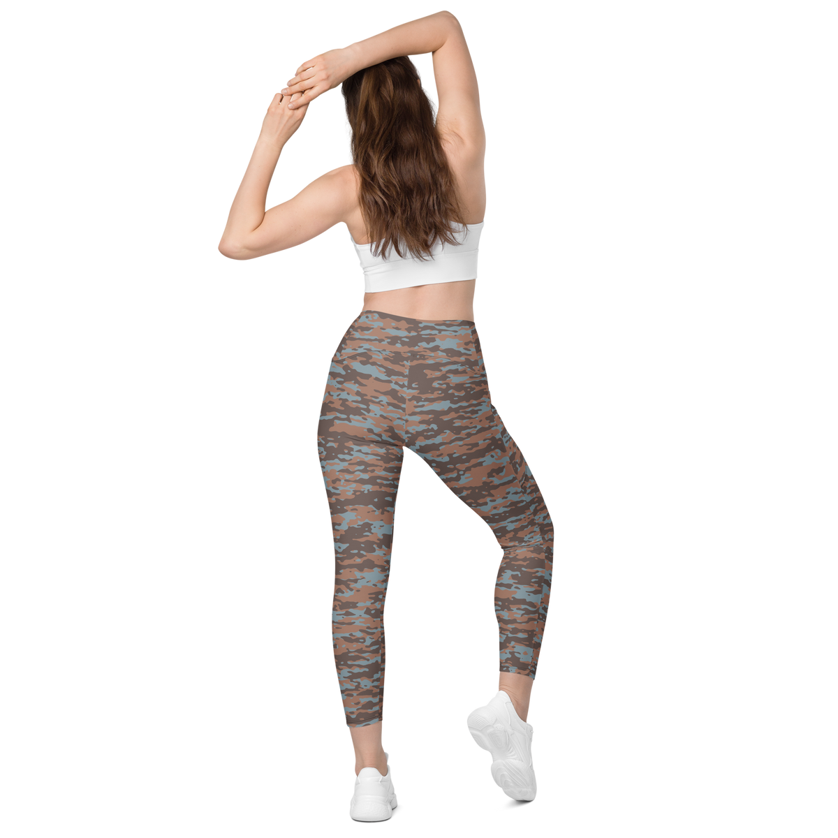 Inka Subtle Contrasts camouflage high-waisted pocket leggings, back view.