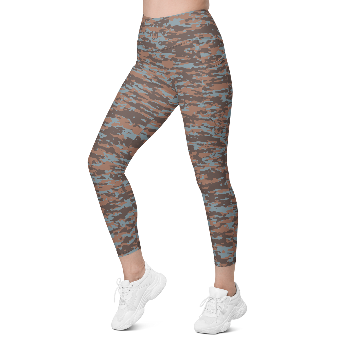 Inka Subtle Contrasts camouflage high-waisted pocket leggings, left-front view.