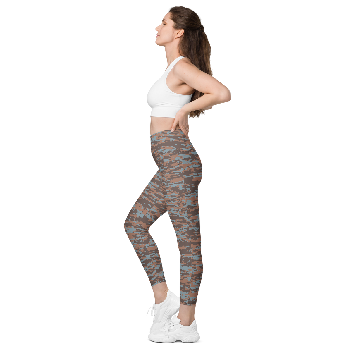 Inka Subtle Contrasts camouflage high-waisted pocket leggings, pocket-in-use view.