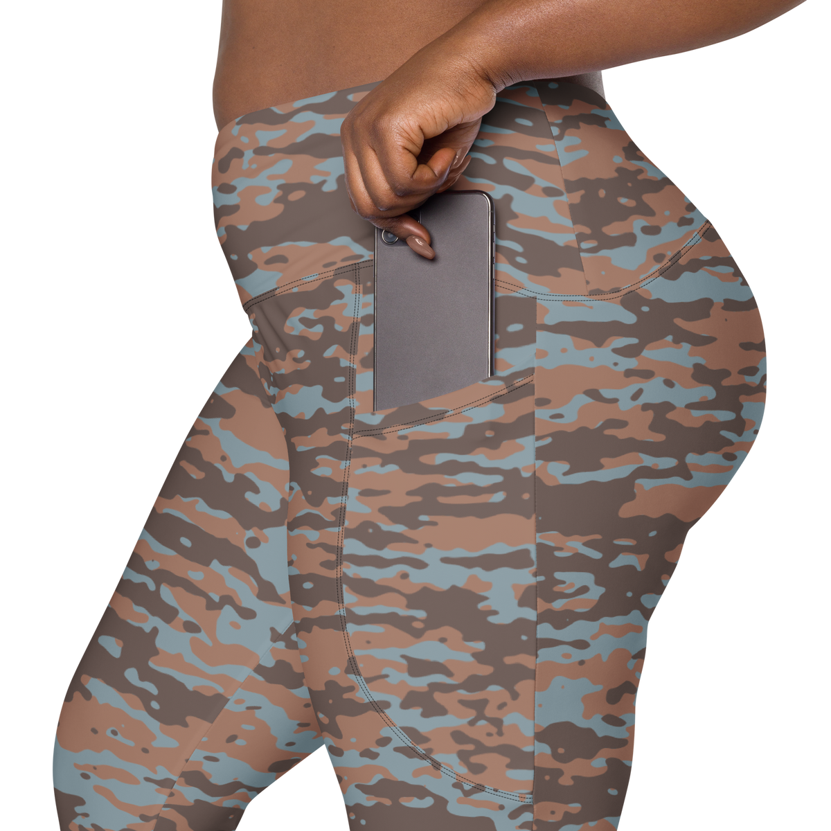 Inka Subtle Contrasts camouflage high-waisted pocket leggings, rear pocket detail.