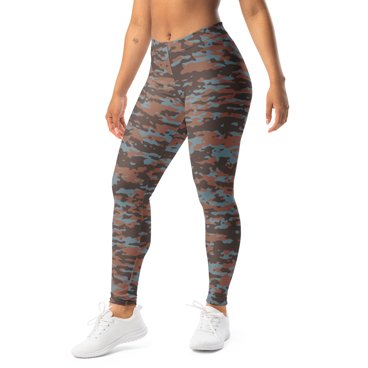 Inka Subtle Contrasts camouflage mid-rise comfort leggings, left-front view.