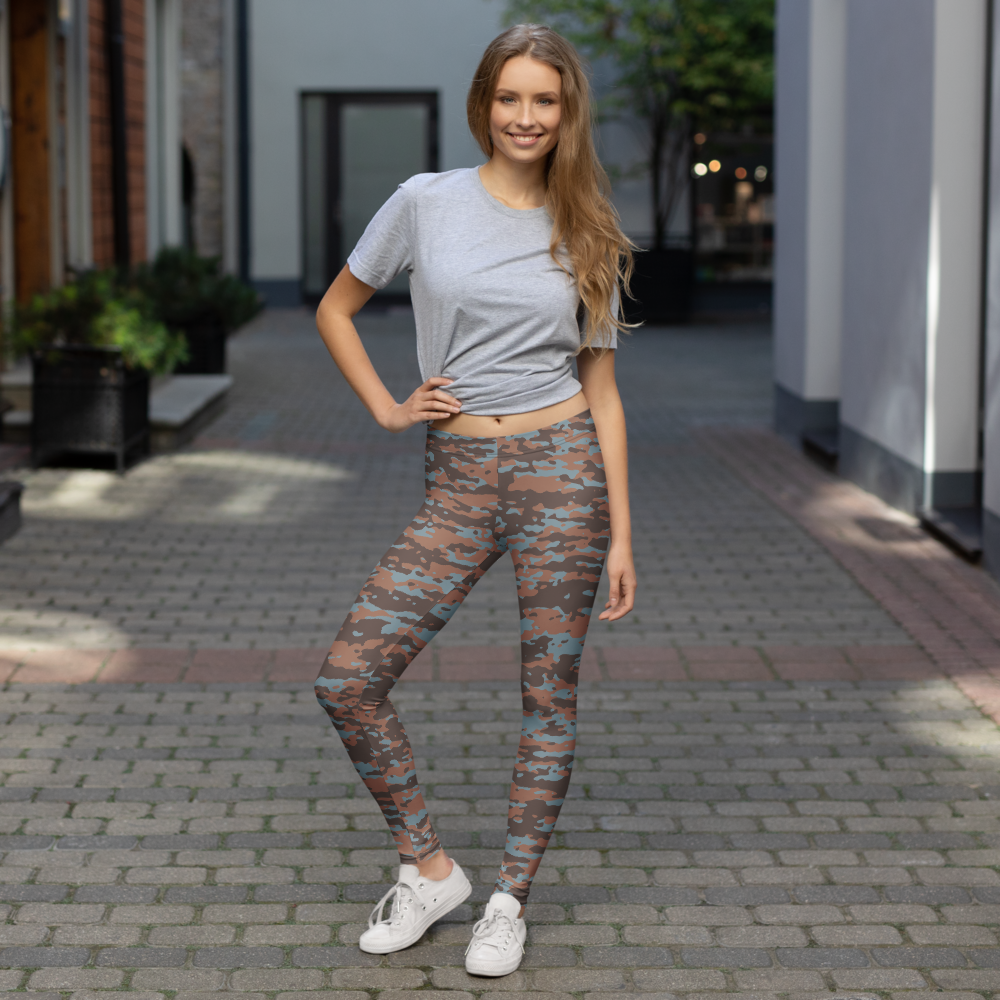 Inka Subtle Contrasts camouflage mid-rise comfort leggings, lifestyle front view.