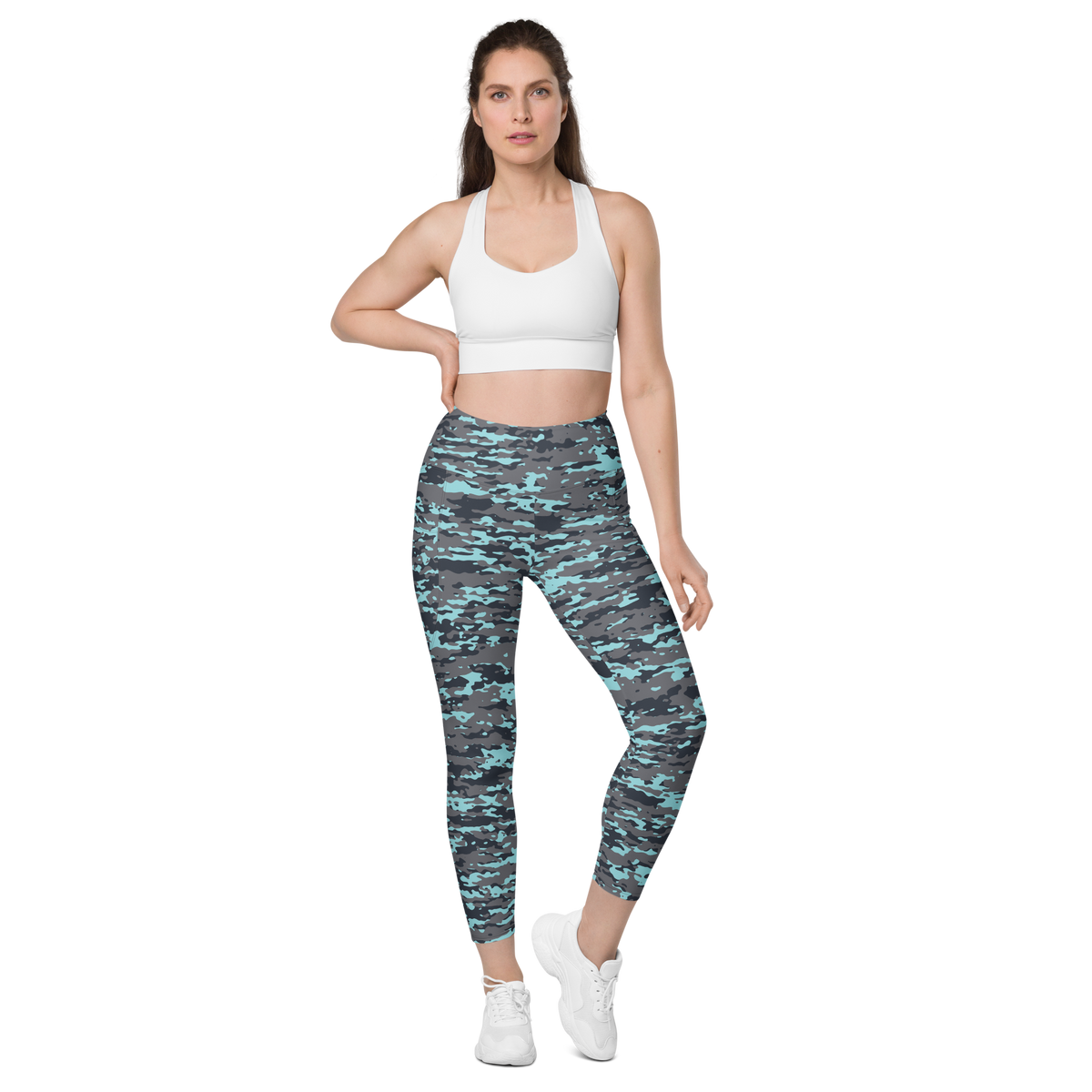 Inka Winter camouflage high-waisted pocket leggings, straight-front view.