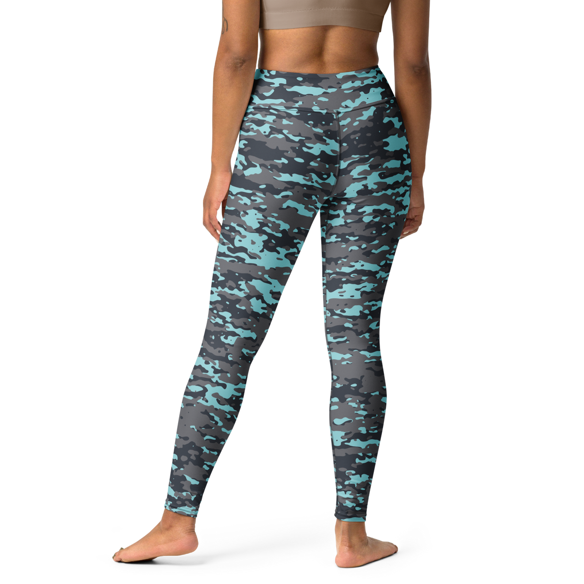 Inka Winter camouflage high-waisted yoga leggings, back view.