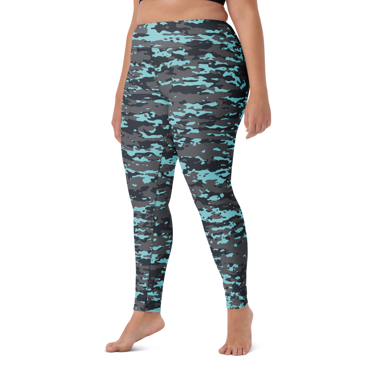 Inka Winter camouflage high-waisted yoga leggings, larger-model left-front view.