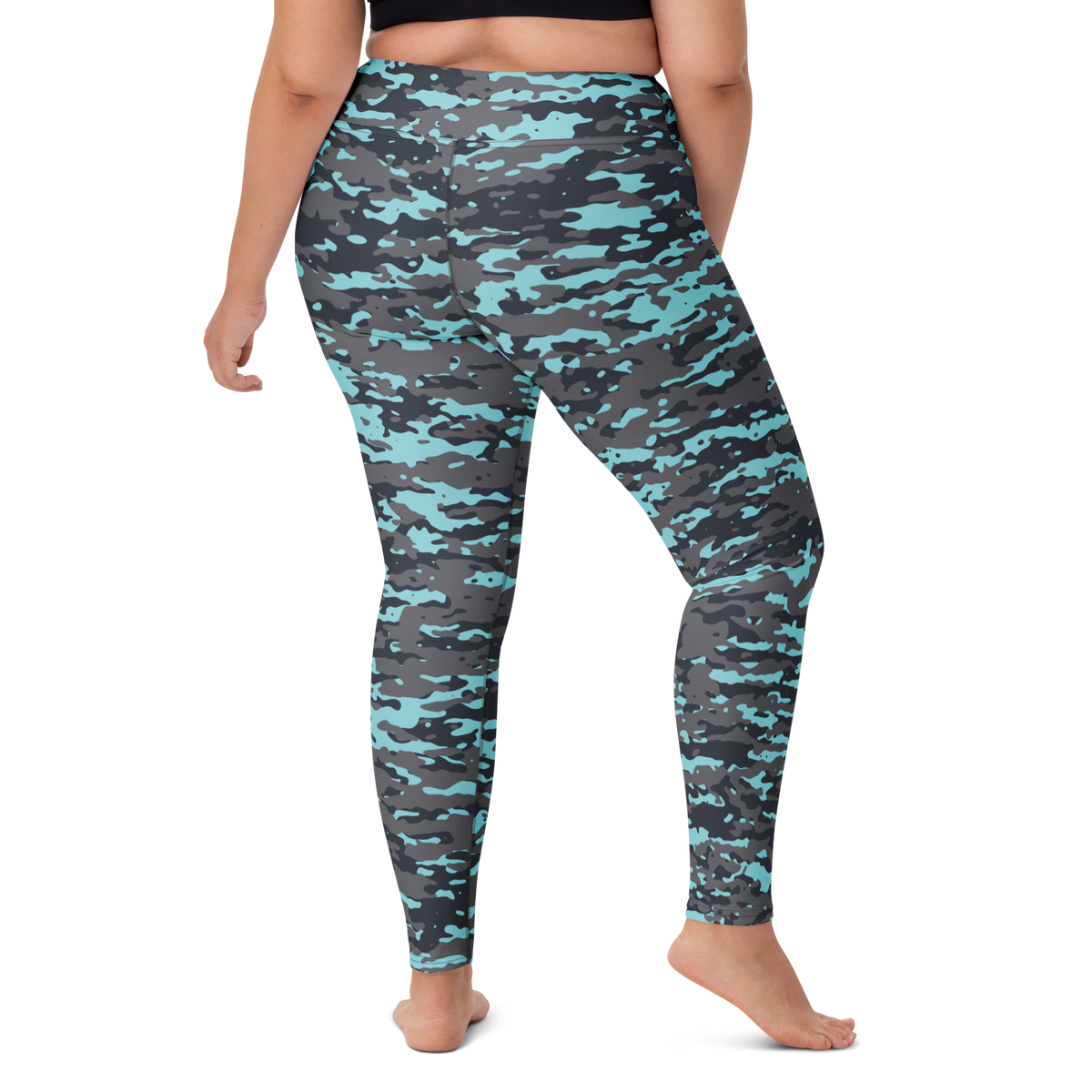 Inka Winter camouflage high-waisted yoga leggings, larger-model right-back view.