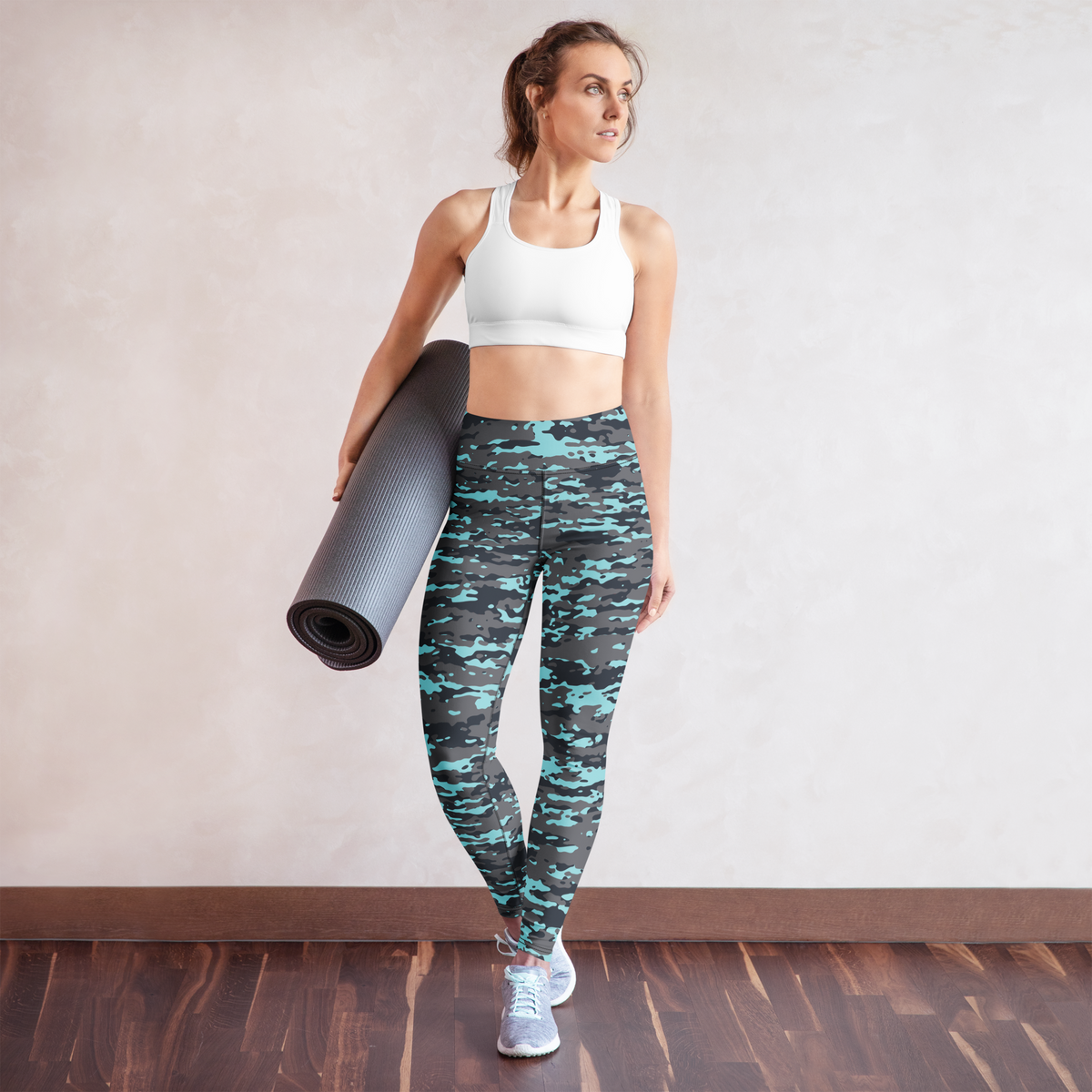 Inka Winter camouflage high-waisted yoga leggings, yoga lifestyle view.