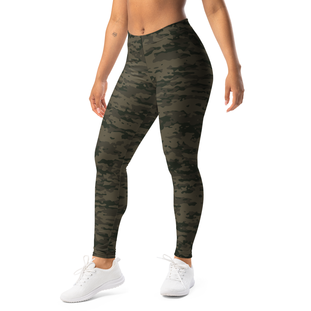 Inka Woodland camouflage mid-rise comfort leggings, left-front view.