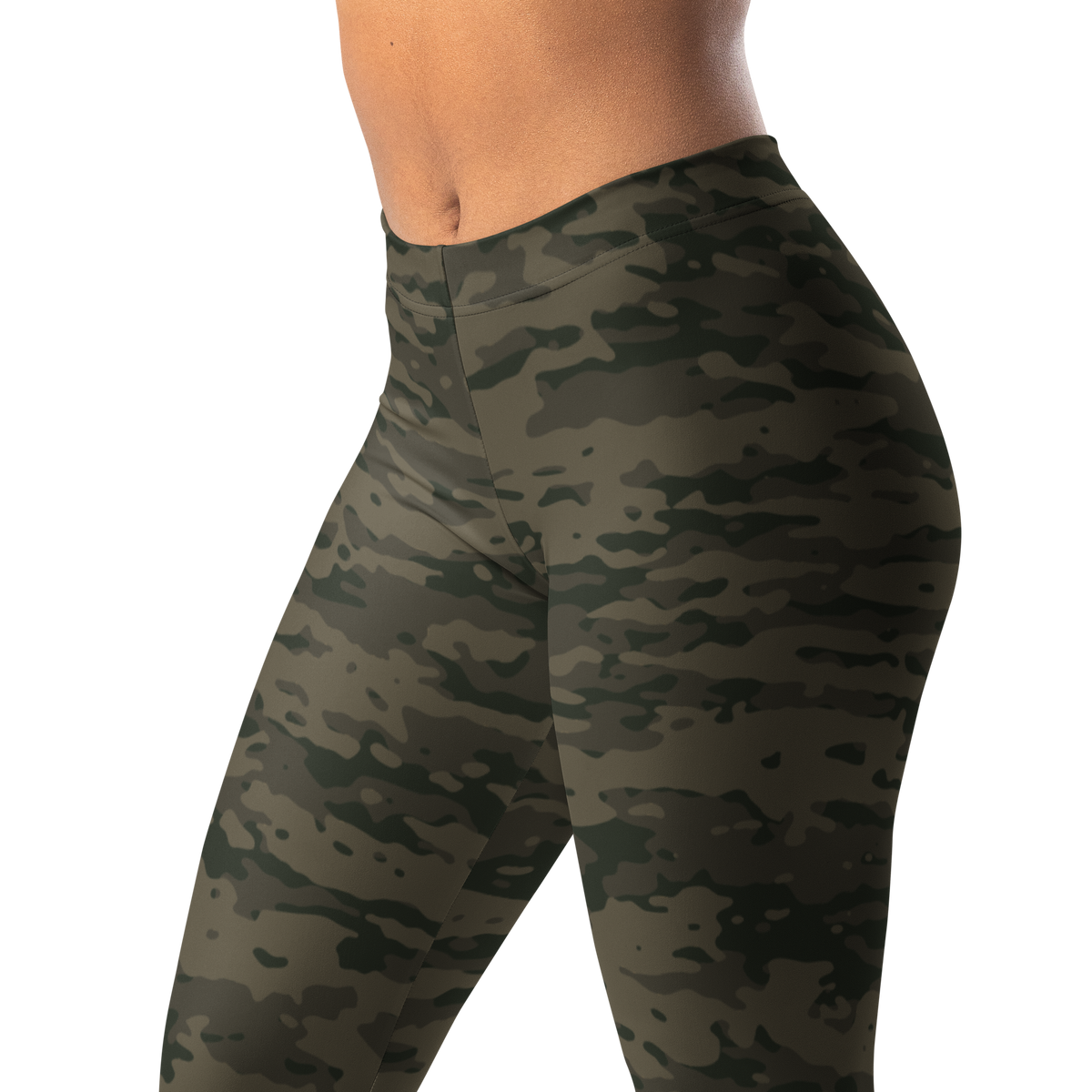Inka Woodland camouflage mid-rise comfort leggings, waistband and pattern detail.