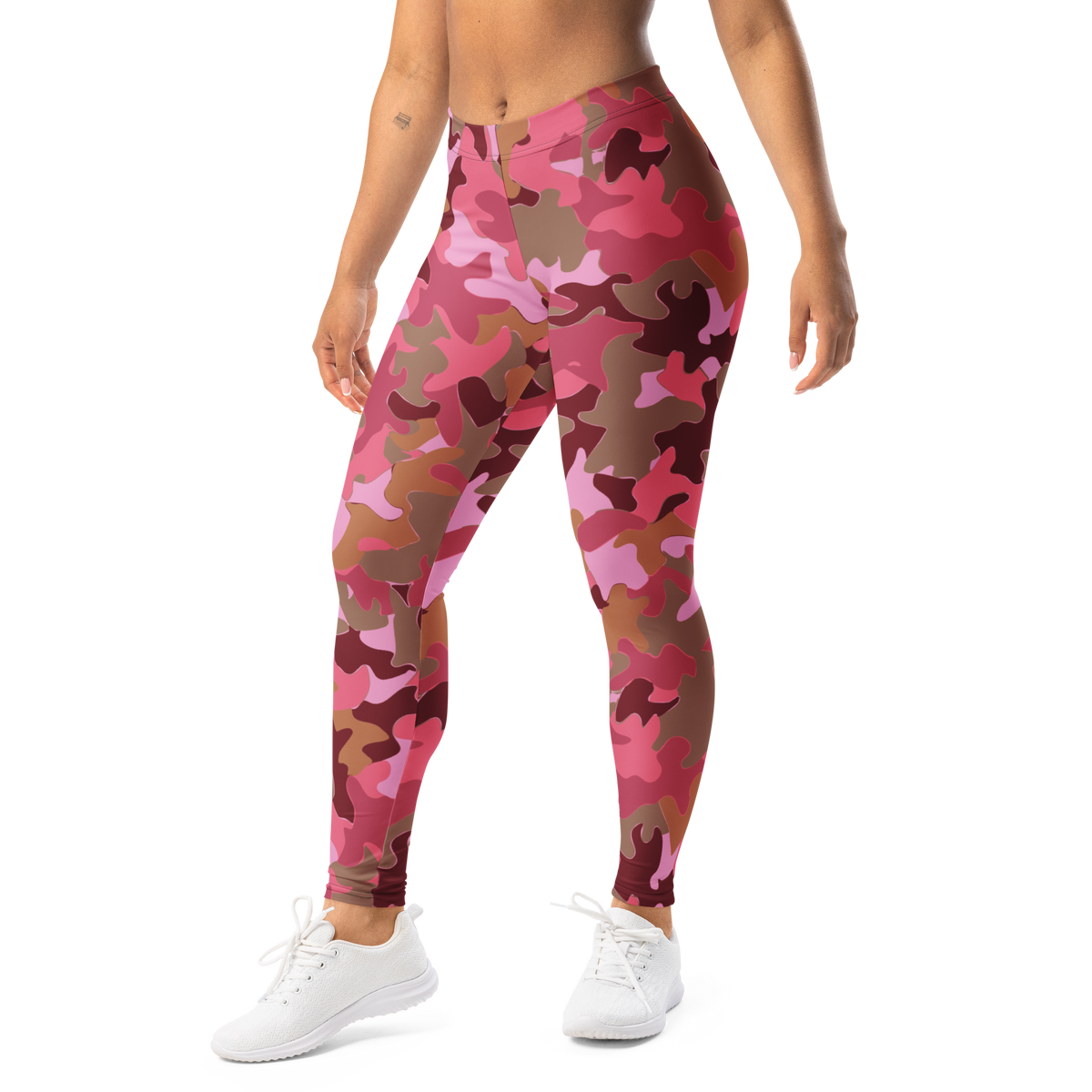 Jigg Deliciousness camouflage mid-rise comfort leggings, left-front view.