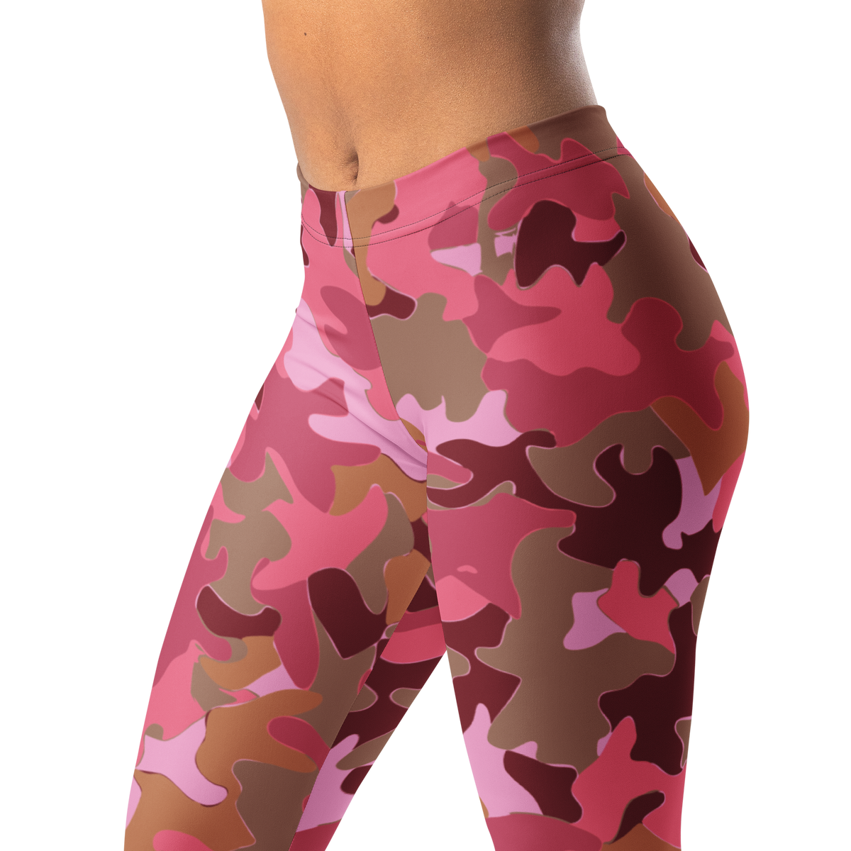 Jigg Deliciousness camouflage mid-rise comfort leggings, waistband and pattern detail.