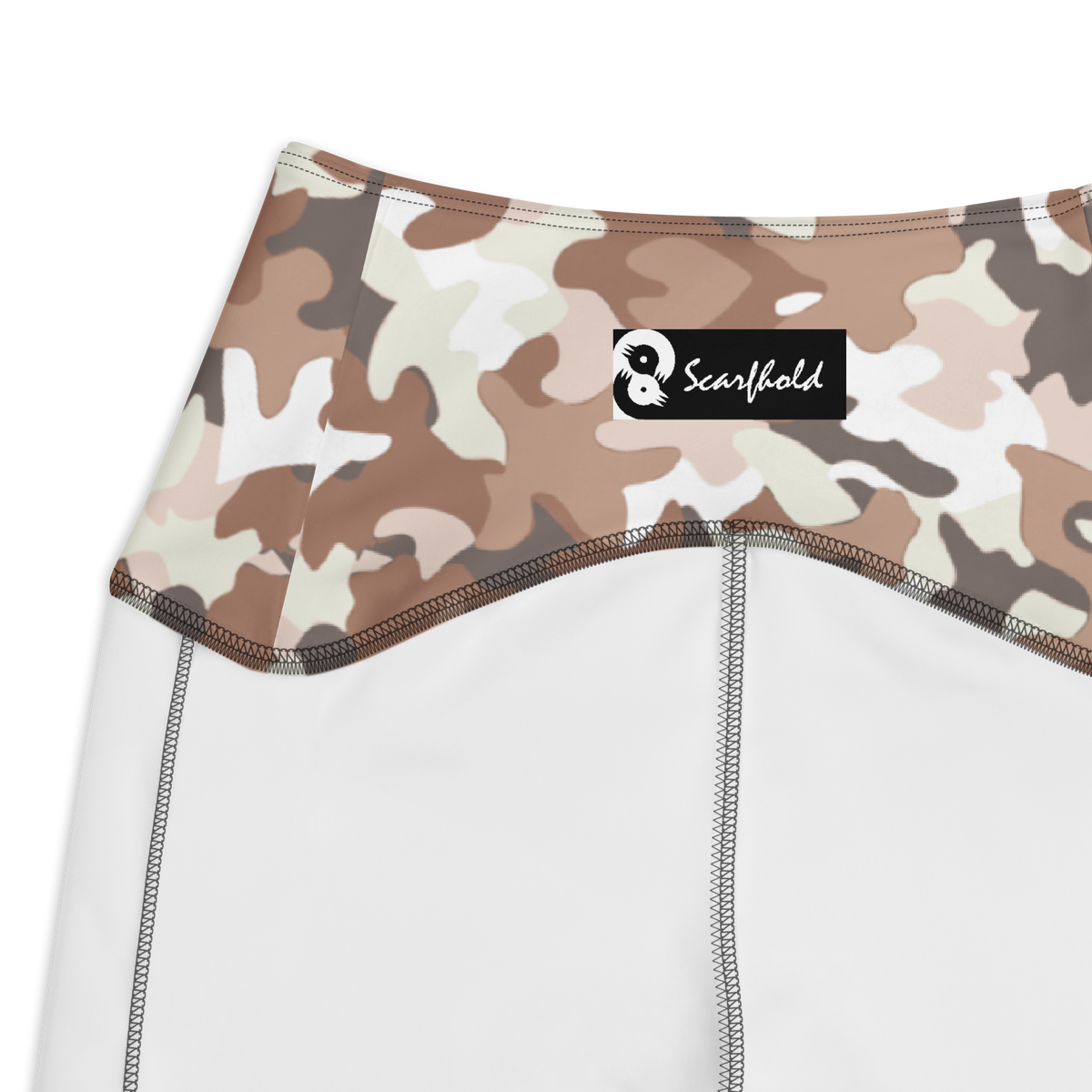 Jigg Relaxed Elegance camouflage high-waisted pocket leggings, inside-label and construction detail.