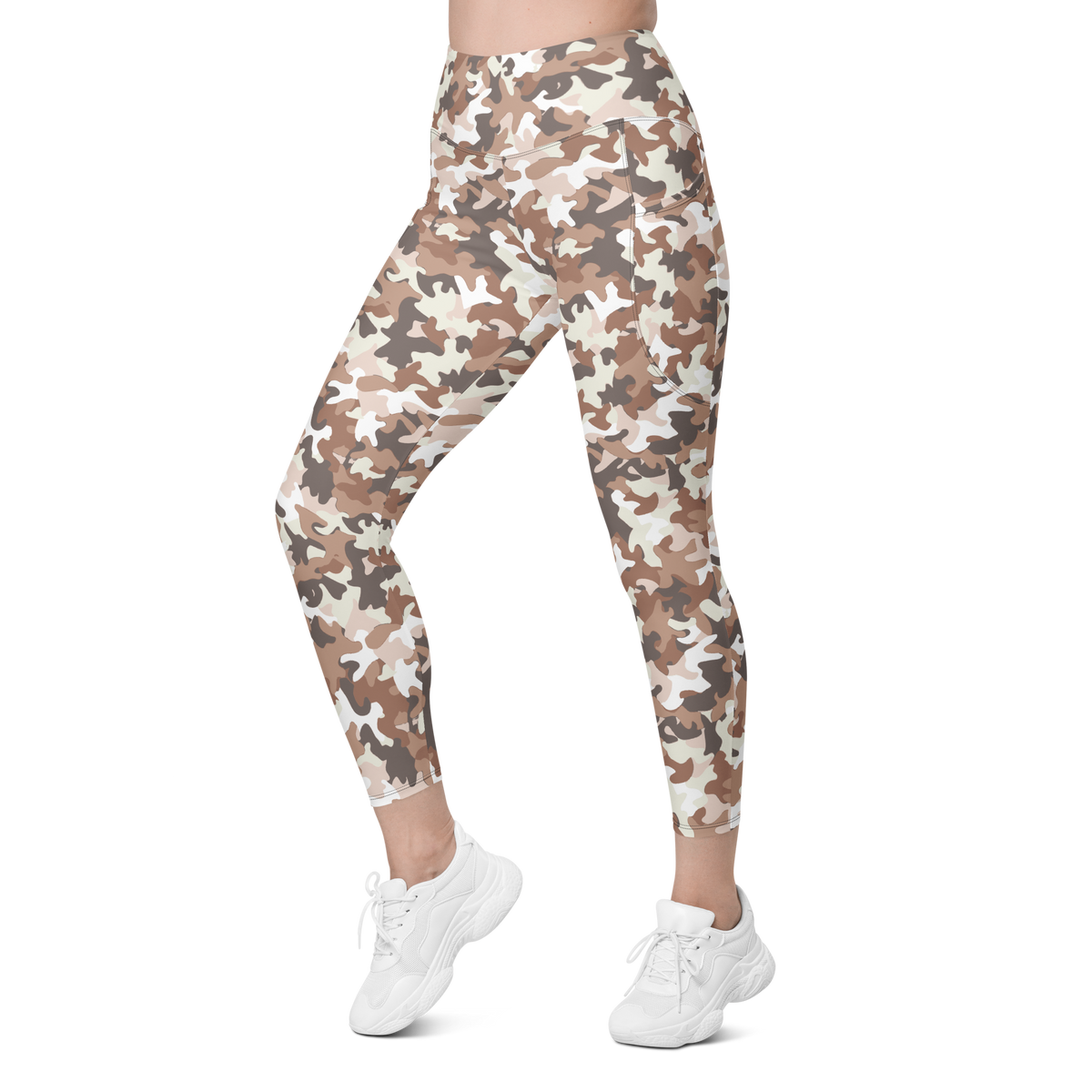 Jigg Relaxed Elegance camouflage high-waisted pocket leggings, left-front view.