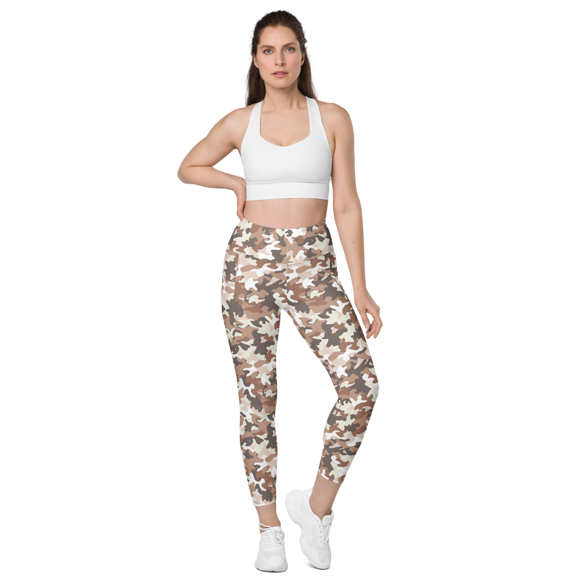 Jigg Relaxed Elegance camouflage high-waisted pocket leggings, straight-front view.