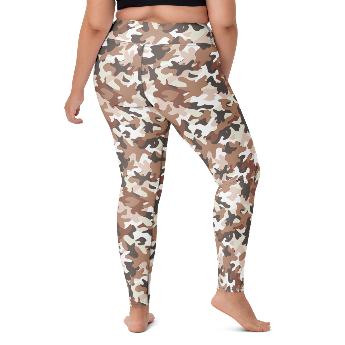 Jigg Relaxed Elegance camouflage high-waisted yoga leggings, larger-model right-back view.