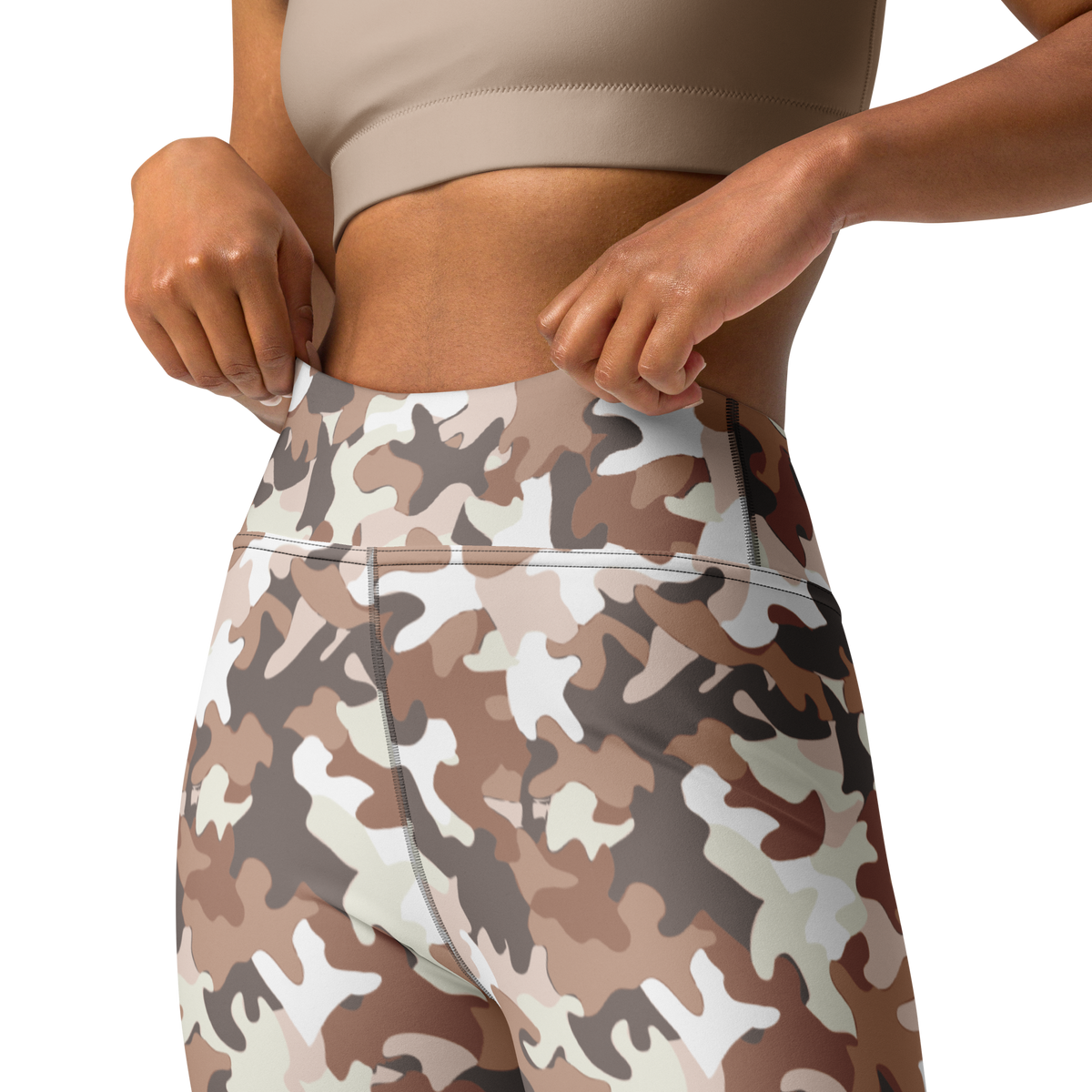 Jigg Relaxed Elegance camouflage high-waisted yoga leggings, waistband and construction detail.