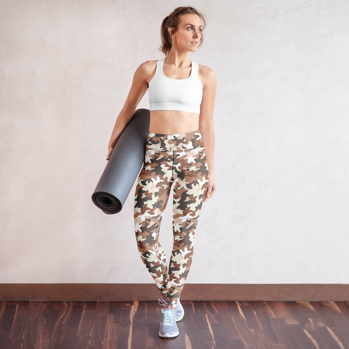 Jigg Relaxed Elegance camouflage high-waisted yoga leggings, yoga lifestyle view.