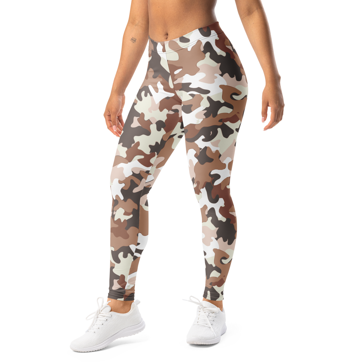 Jigg Relaxed Elegance camouflage mid-rise comfort leggings, left-front view.