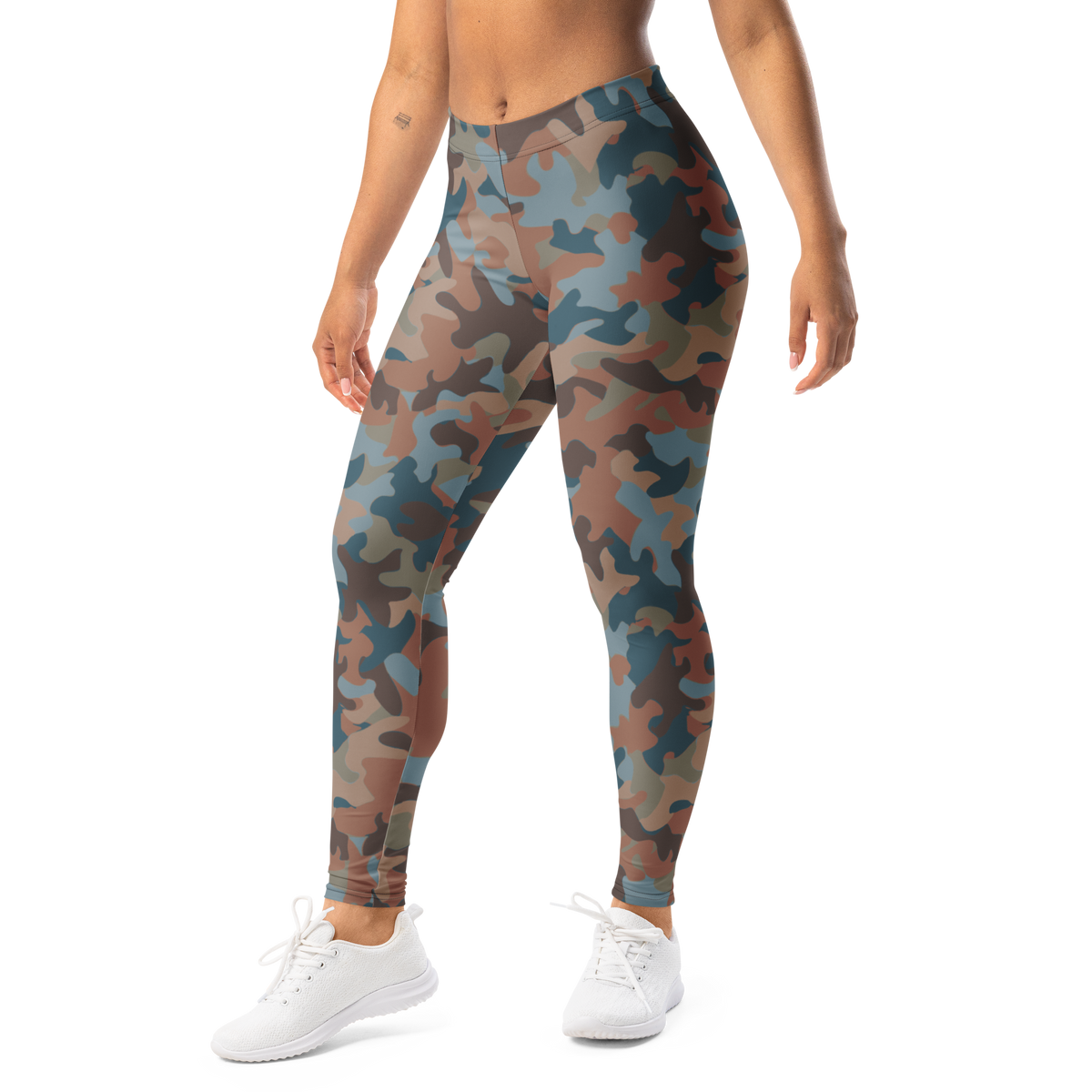 Jigg Subtle Contrasts camouflage mid-rise comfort leggings, left-front view.