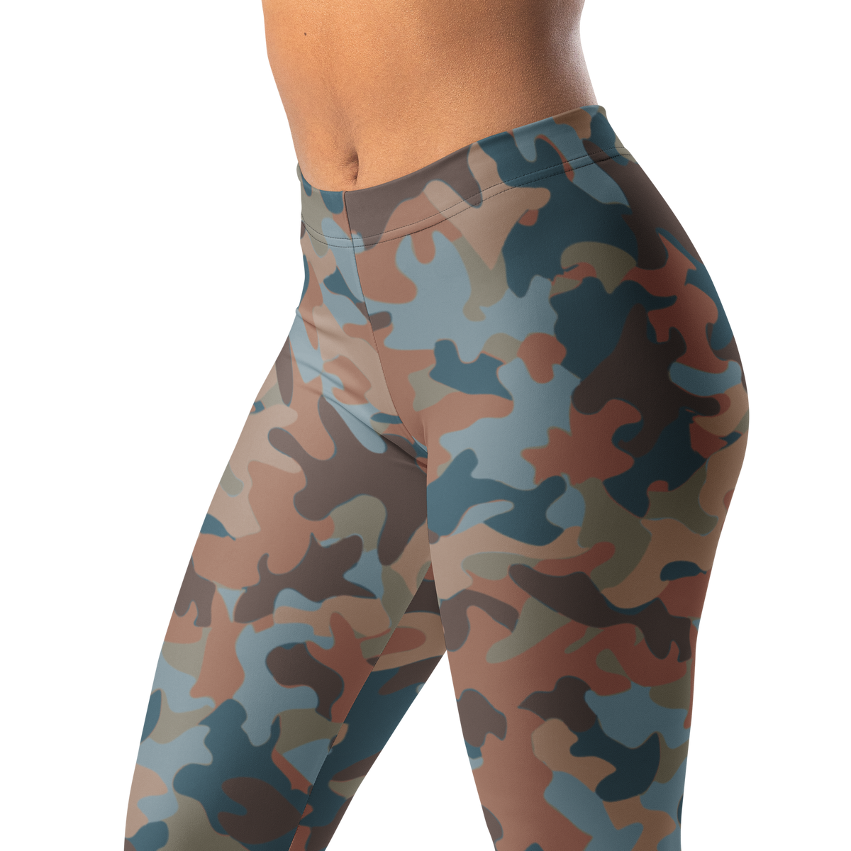 Jigg Subtle Contrasts camouflage mid-rise comfort leggings, waistband and pattern detail.