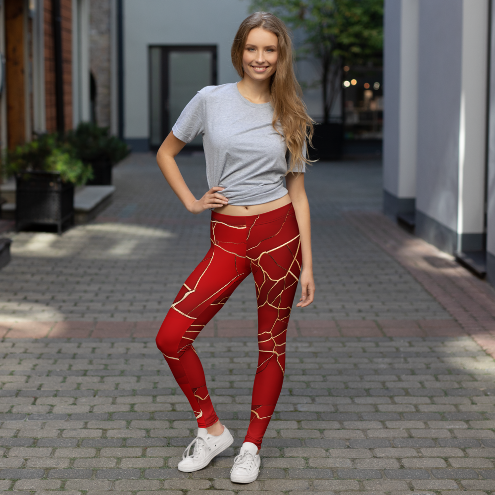 Kintsugi Red mid-rise comfort leggings, lifestyle front view.