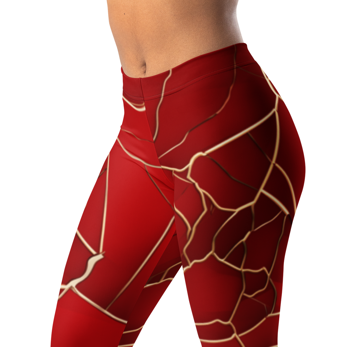 Kintsugi · Red mid-rise everyday leggings, waistband and pattern detail.