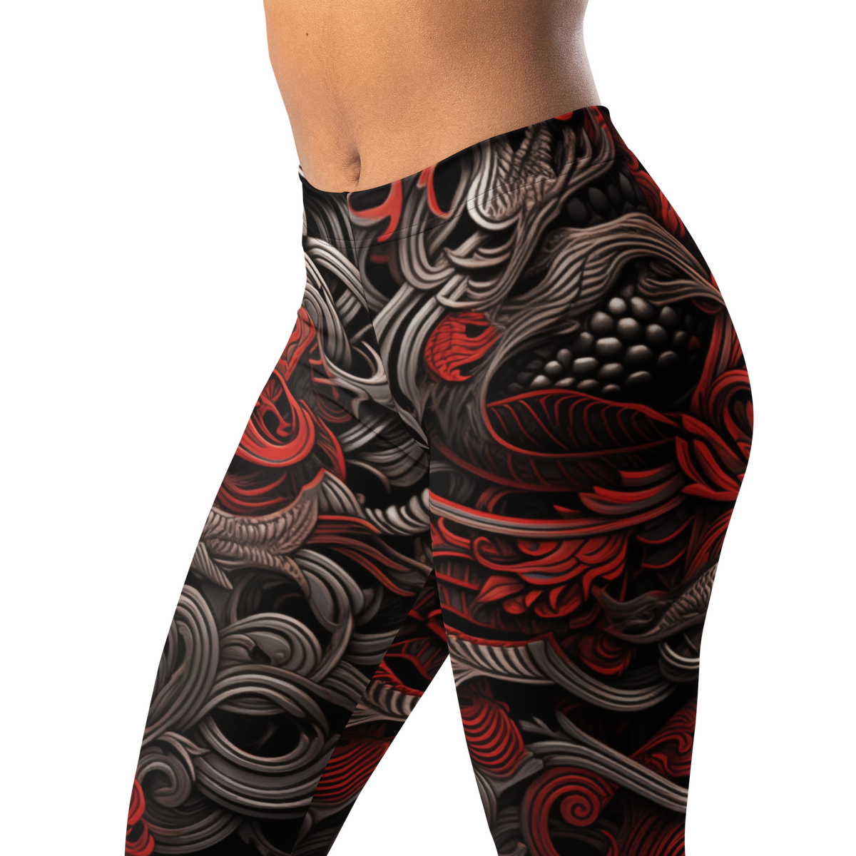 Kirin Scarfhold mid-rise comfort leggings, waistband and pattern detail.