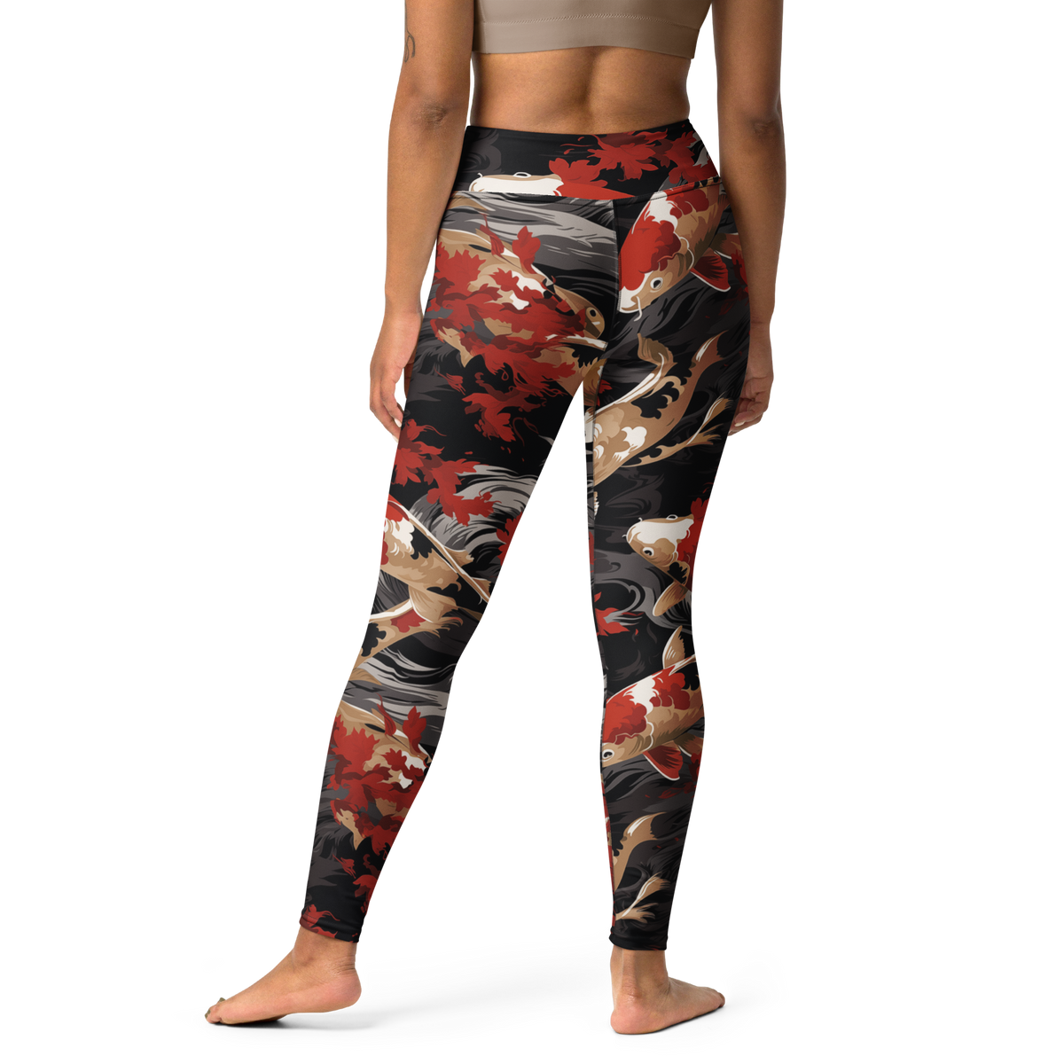 Koi Scarfhold Palette high-waisted yoga leggings, back view.