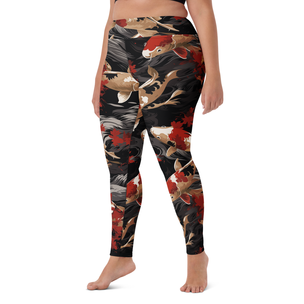 Koi Scarfhold Palette high-waisted yoga leggings, larger-model left-front view.