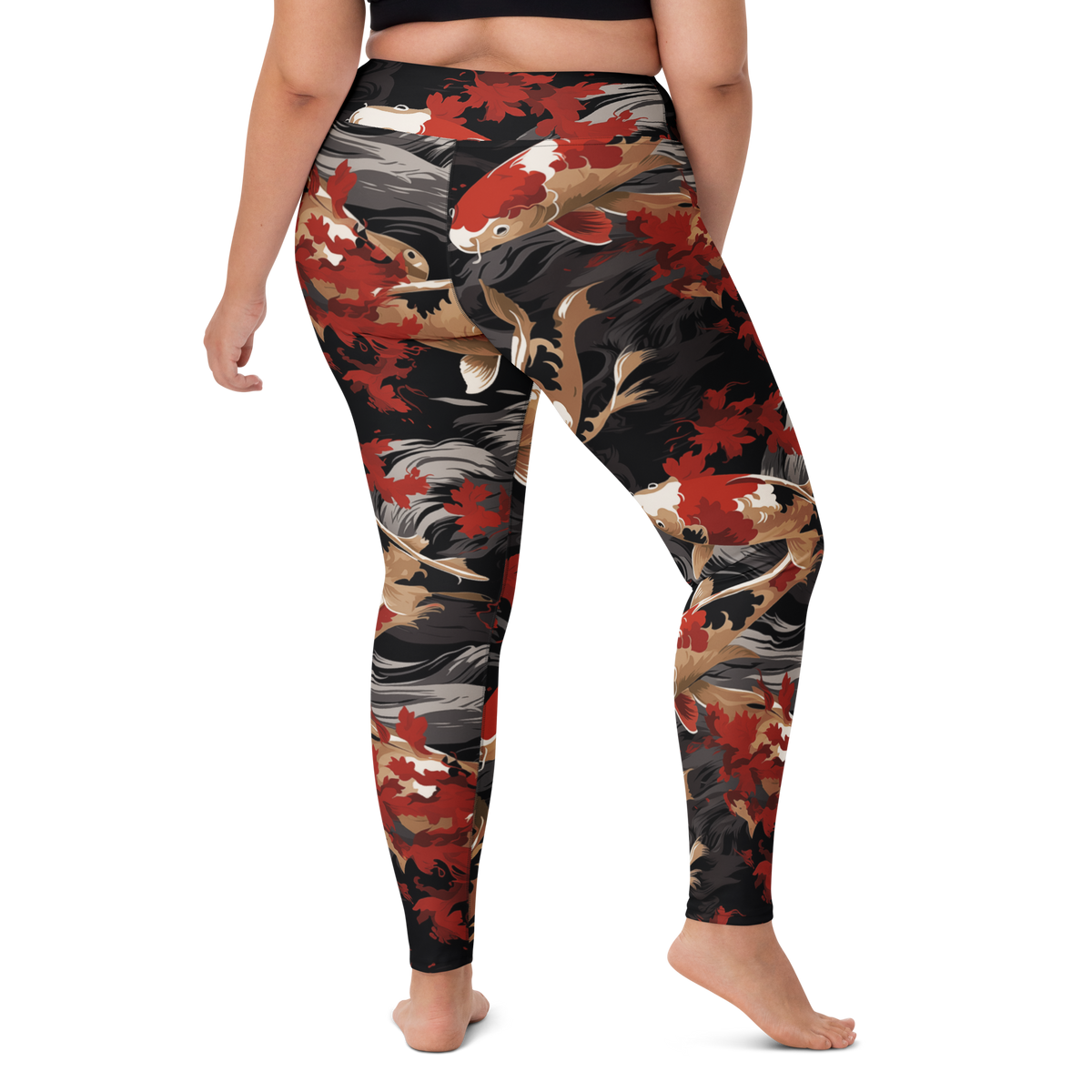 Koi Scarfhold Palette high-waisted yoga leggings, larger-model right-back view.