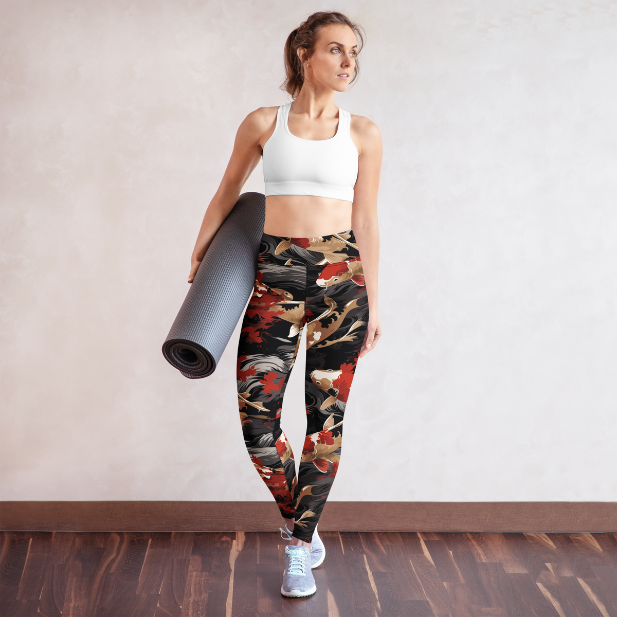 Koi Scarfhold Palette high-waisted yoga leggings, yoga lifestyle view.
