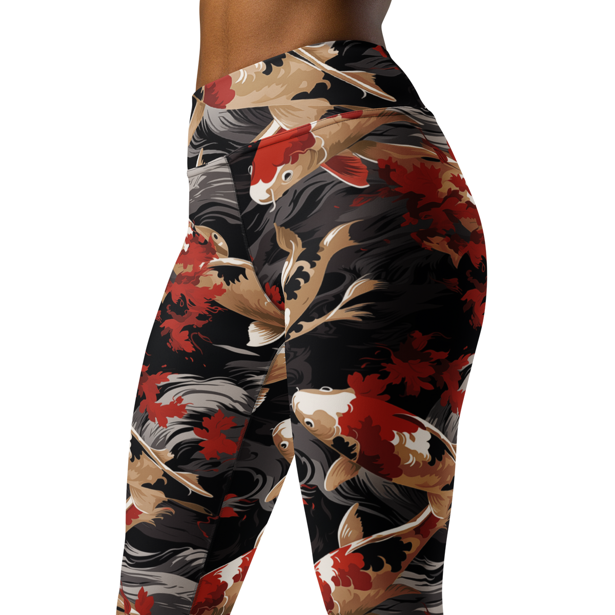 Koi · Scarfhold Palette high-waisted yoga leggings, close three-quarter pattern view.