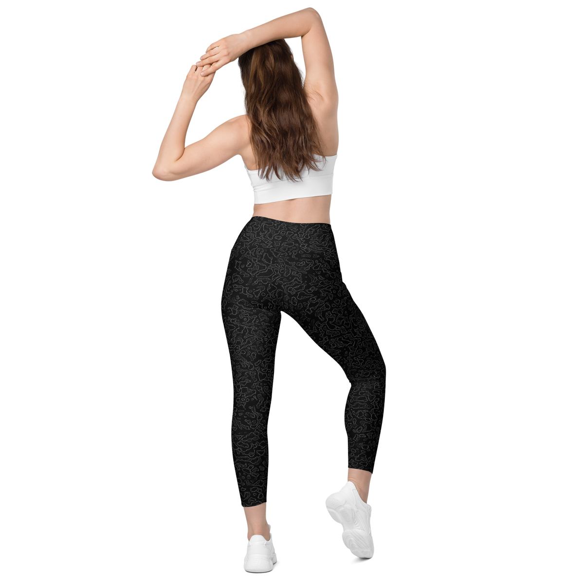Lava Greyscale high-waisted pocket leggings, back view.