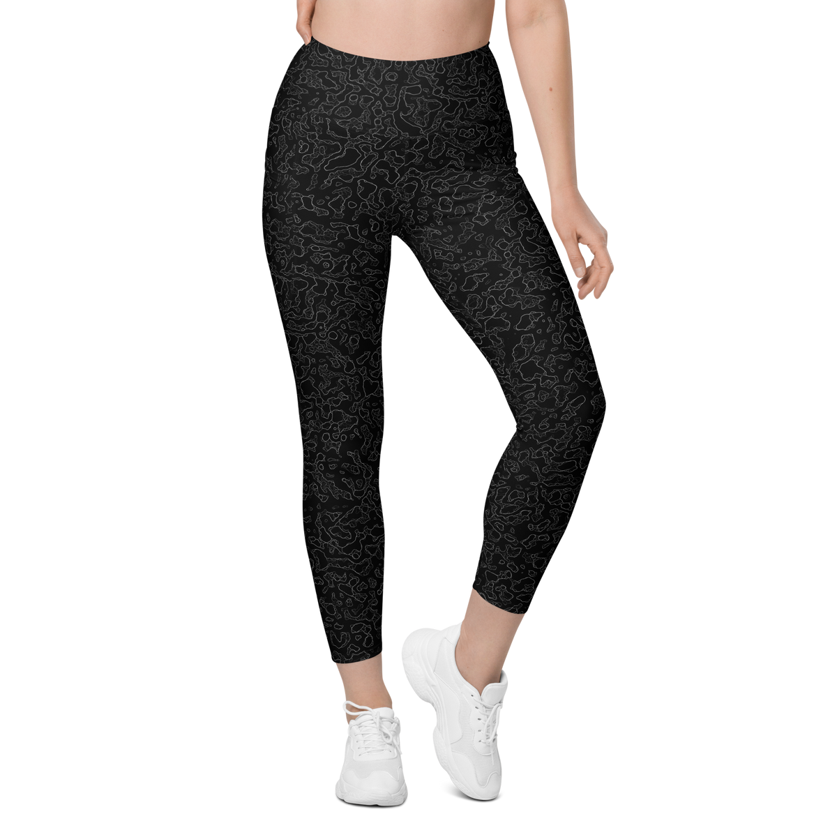 Lava Greyscale high-waisted pocket leggings, front view.