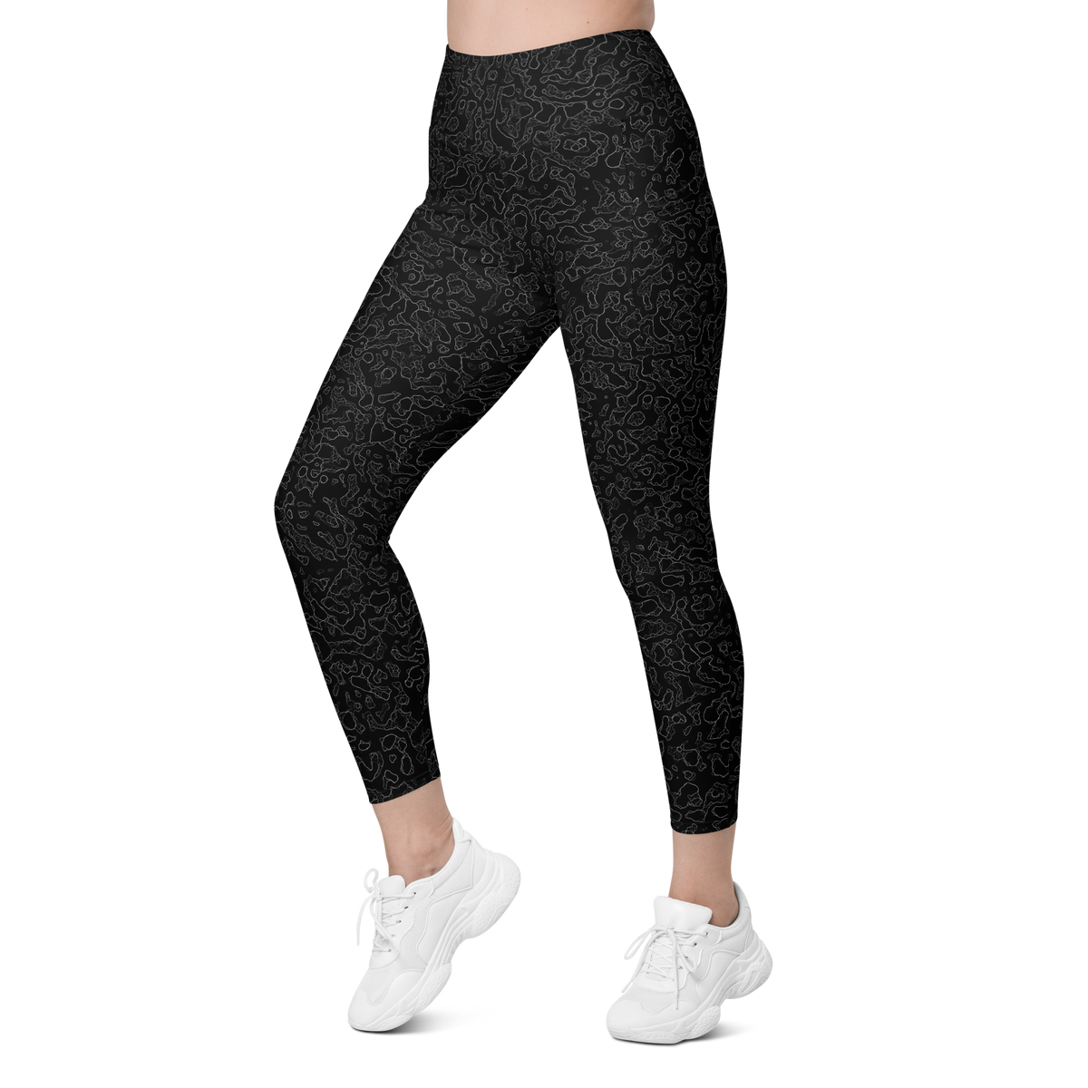 Lava Greyscale high-waisted pocket leggings, left-front view.