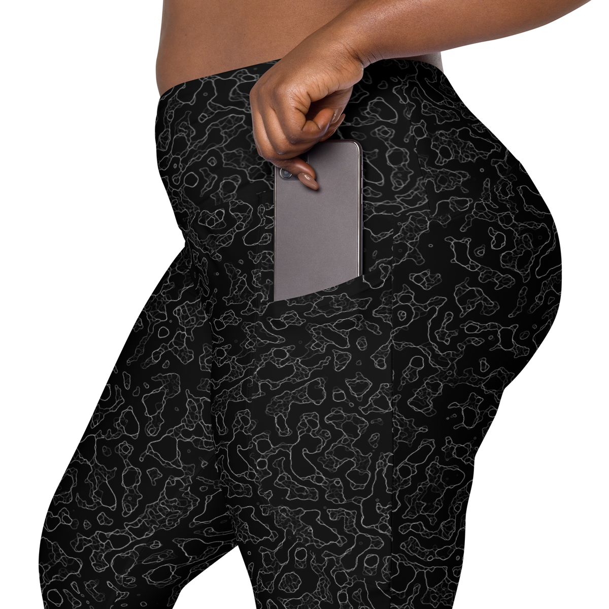 Lava Greyscale high-waisted pocket leggings, rear pocket detail.